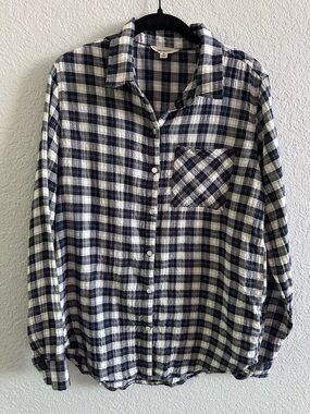 Lucky Brand Plaid Button Up Shirt Blue White Cotton Lightweight Flannel Size M